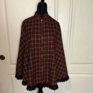 VTG CHRISTENFELD OF CALIFORNIA KNIT GEOMETRIC ZIP PONCHO FRINGE